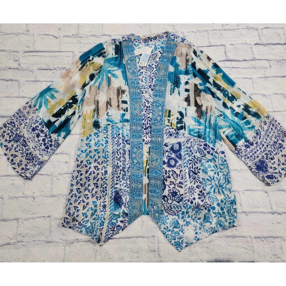 Soft Surroundings WOMENS M Bluebell Topper Beaded Kimono Cardigan Sheer